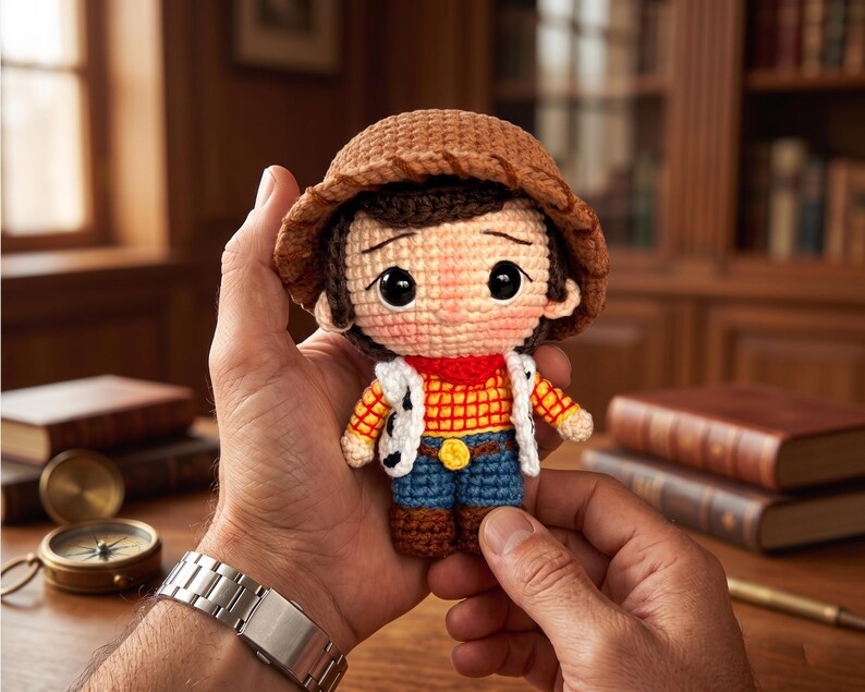 May include: A small crochet doll featuring a brown hat, a yellow and orange plaid shirt, a white vest with black spots, a red neckerchief, blue pants, and brown boots. The doll has large black eyes and a light skin tone, crafted with yarn.