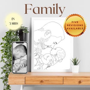 Ritratto di famiglia minimalista in bianco e nero – Disegno artistico personalizzato da foto – Schizzo di neonato – Regalo personalizzato per neo-genitori