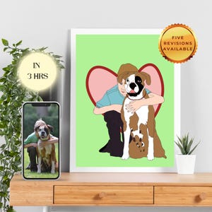 Ritratto personalizzato di famiglia e animali domestici – Disegno di famiglia personalizzato con cane o gatto – Sfondo a forma di cuore speciale – Illustrazione digitale a colori Art Line