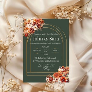 Autumn Wedding Invitation Template | Fall Floral Invite | Rustic Jewel Tone Digital Download | Editable Canva Invite
