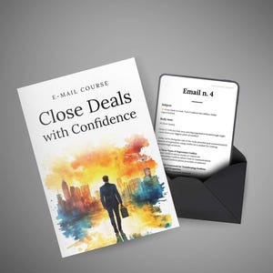 Op de afbeelding: Een e-mailcursus getiteld "Close Deals with Confidence" met een stadsgezichtillustratie en een persoon die naar de stad loopt. Een smartphone toont een e-mail in een zwarte envelop.