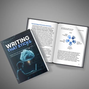 May include: Two books, one open, with the title "Writing That Sticks" visible on the cover of the closed book. The cover shows a person at a laptop under a cloud-shaped light. The open book displays text and diagrams.