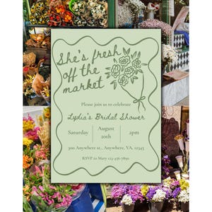 Floral Bridal Shower Invitation: Green Farmer&#39;s Market Theme (Canva Template, Digital Download