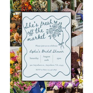Floral Bridal Shower Invitation: Blue Farmer&#39;s Market Theme (Canva Template, Digital Download