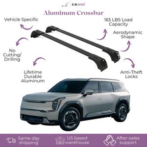 May include: Black aluminum crossbars on a silver SUV. The crossbars have an aerodynamic shape and anti-theft locks. Features include vehicle-specific design, no cutting or drilling required, and a 165-pound load capacity. The text reads "Aluminum Crossbar".
