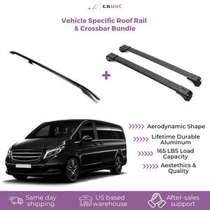 May include: A black van with a roof rail and crossbar bundle. The image includes a roof rail, two crossbars, and a van. Text on the image says "Vehicle Specific Roof Rail & Crossbar Bundle". Features include aerodynamic shape and 165 LBS load capacity.