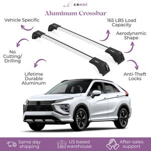 May include: Aluminum crossbars with anti-theft locks and an aerodynamic shape are displayed above a white SUV. The crossbars are vehicle-specific and made of durable aluminum. The load capacity is 165 lbs.