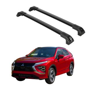 May include: Black roof rack crossbars with key locks are displayed above a red SUV. The crossbars are designed to attach to the roof of a vehicle for carrying cargo. The SUV has a black roof and silver wheels.