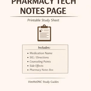 Pharmacy Tech Notes Page | Medication Study Sheet | Pharmacy Technician Printable | PTCB Prep | Digital Download