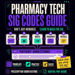 以下が含まれることがあります： 黒い背景にPHARMACY TECH SIG CODES GUIDEと題されたデジタル教育用インフォグラフィック。処方箋の指示を作成するための5つのステップ（アクション、量、経路、頻度、詳細）が示されており、What does the whole SIG say?と書かれた黄色い付箋が貼られている。
