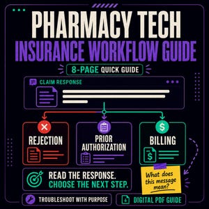 May include: An 8-page Pharmacy Tech Insurance Workflow Guide digital PDF. The graphic features a flow chart titled Claim Response, branching into Rejection, Prior Authorization, and Billing. It includes text: Read the response. Choose the next step.