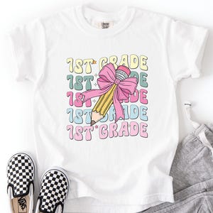1st Grade Shirt, First Day of School Gift, Back To School Kids T-Shirt, 1st Grade Girls Coquette Bow Pencil Tee, First Grade Teacher Shirt