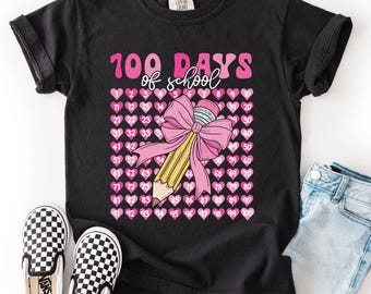 100 Days of School Shirt for Girls, Pencil Coquette Bow 100th Day Celebration Tee