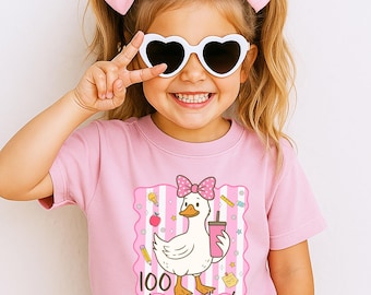 100 Days of School Shirt for Girls, Goose Coquette Bow 100th Day Celebration Tee