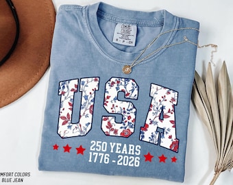 Camiseta del 250.º aniversario de EE. UU. con flores de América de 1776 a 2026, patriótica del 4 de julio para mujer