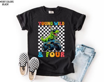 Camiseta de 4.º cumpleaños, diseño de dinosaurio, camión monstruo, niña y niño.