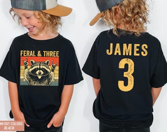 Custom 3rd Birthday Shirt Retro Feral and Three Raccoon Personalized Kids Tee