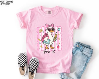 Pre K Shirt Girls Goose Back to School Tee Coquette Pink Bow Cute