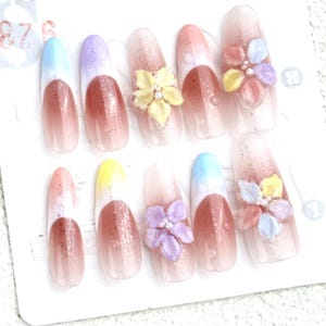 3D Floral Press-On Nails: Pastel Rainbow Almond French Tip, Reusable Bridal Nail Set