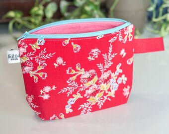 RED FLORAL - Small Zipper Project wedge bag handmade, cosmetic, makeup, knitting, crochet, embroidery, cross stitch, essential oils gift