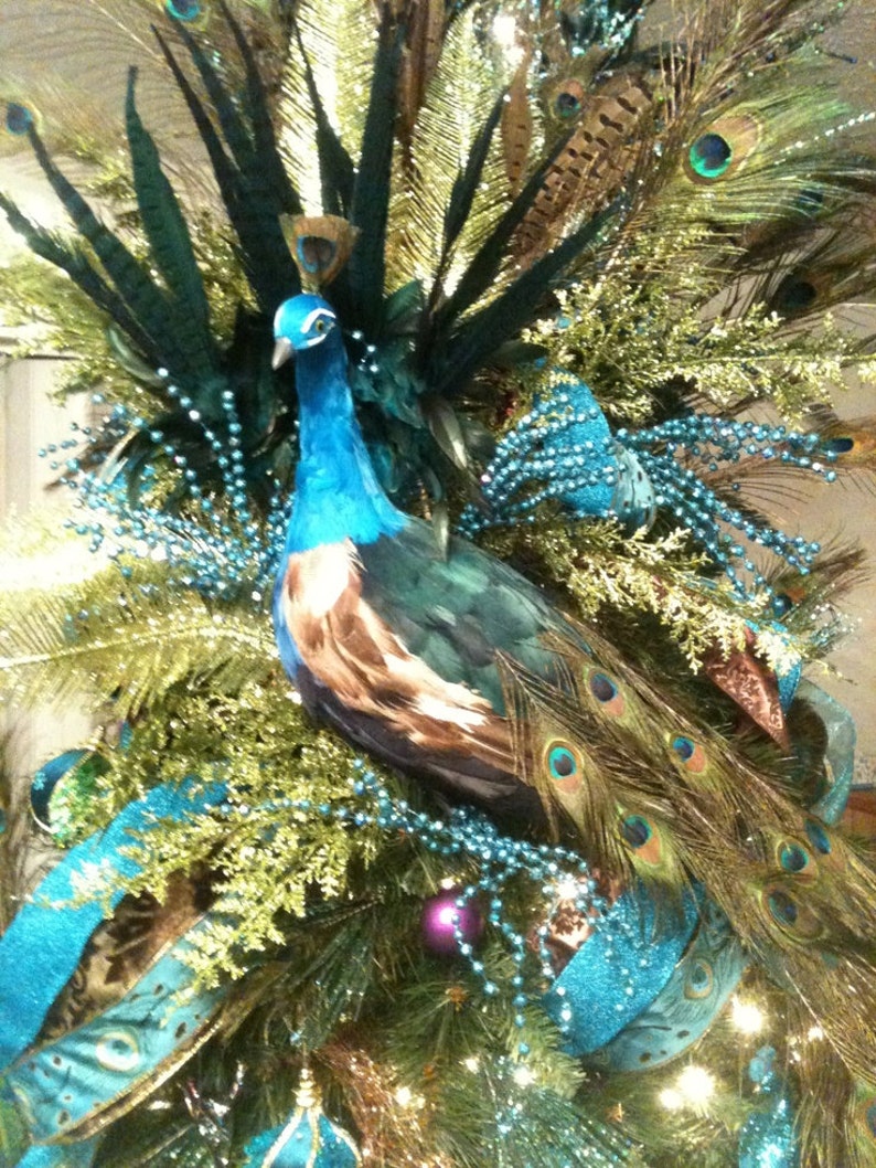 Rustic Christmas PEACOCK Tree Topper Peacock Ornament Decoration Feather Bird Woodland French Country Centerpiece Wreath