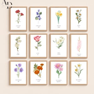 12ヶ月誕生花プリント | ボタニカルウォールアートセット | デジタルダウンロード | フローラルギャラリーウォールデコレーション | ヴィンテージフラワーポスターセット