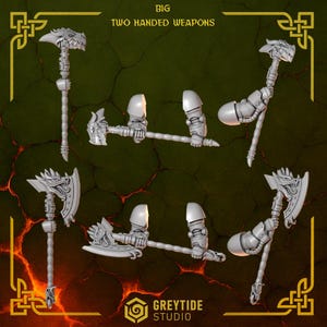 May include: A collection of gray, two-handed weapons, including axes and hammers, with dragon-themed designs. The image includes the text "BIG TWO HANDED WEAPONS" and the logo for GreyTide Studio. The weapons are displayed against a dark green and orange background.