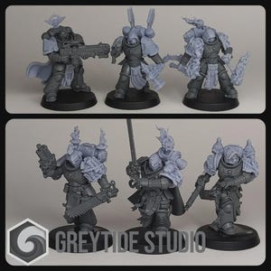 May include: A collection of unpainted miniature figurines of armored characters, each posed with weapons and accessories. The figures are on black bases, with the "GREYTIDE STUDIO" logo in the bottom left corner.