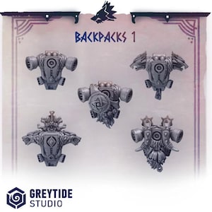 May include: Five gray miniature backpacks with intricate designs are displayed. The text "BACKPACKS 1" is visible above the backpacks. The "GREYTIDE STUDIO" logo is at the bottom.