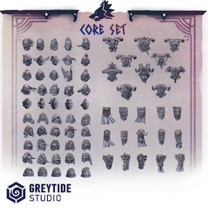 May include: A collection of miniature figurines, including helmets, torsos, and other components, arranged on a light background. The text "CORE SET" is visible at the top, with the "GREYTIDE STUDIO" logo at the bottom. The figurines appear to be made of a gray material.