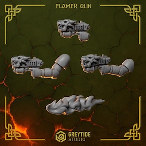 May include: A collection of grey, 3D-printed miniature "Flamer Gun" components. The guns feature a detailed, stylized dragon head design. The image includes the gun, arm, and flame effect parts. The text "FLAMER GUN" is visible.