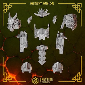 May include: A collection of gray, ancient armor pieces, including helmets, shoulder guards, and chest plates, arranged on a textured, dark green and orange background. The text "ANCIENT ARMOR" is at the top. The GreyTide Studio logo is at the bottom.