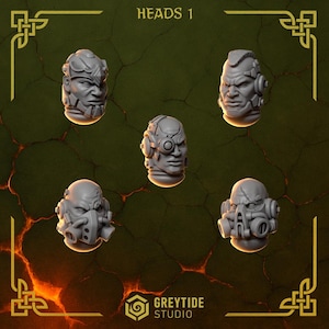 May include: Five gray, detailed miniature heads with various futuristic designs. The heads are labeled "HEADS 1" and feature cybernetic enhancements, masks, and aggressive expressions. The Greytide Studio logo is visible at the bottom.