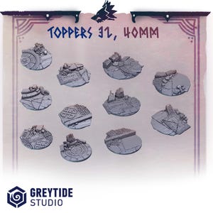 May include: A collection of eleven gray miniature toppers, each with a unique textured design. The toppers are approximately 40mm in diameter and feature architectural and geometric patterns. The image includes the text "TOPPERS 32, 40MM" and the "GREYTIDE STUDIO" logo.