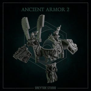 May include: A detailed, gray miniature of Ancient Armor 2, featuring intricate carvings and architectural details. The design includes winged elements, figures, and ornate structures, suggesting a fantasy or historical theme. The GreyTide Studio logo is at the bottom.