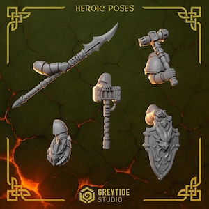 May include: A collection of gray miniature fantasy weapons and armor pieces, including a spear, hammer, shield, and gauntlet. The text "HEROIC POSES" is at the top, and the "GREYTIDE STUDIO" logo is at the bottom.
