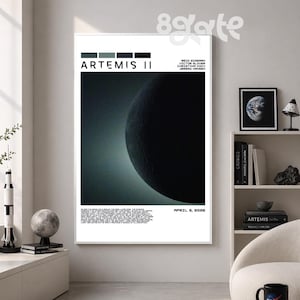 May include: A framed poster with the text "ARTEMIS II" and a depiction of a celestial body. The poster includes the date "APRIL 6, 2026" and a list of names. The image has a dark, space-themed aesthetic.