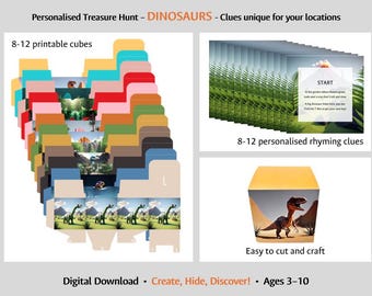 May include: A colorful set of printable dinosaur-themed treasure hunt cubes, rhyming clues, and a sample cube with a T-Rex illustration. The text reads "Personalised Treasure Hunt - DINOSAURS". Includes "Create, Hide, Discover!" and "Ages 3-10".