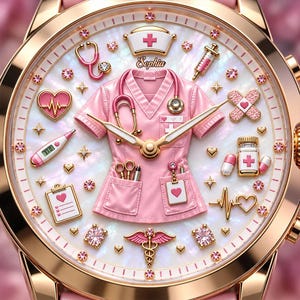 Peut inclure: Une montre-bracelet en or rose avec un cadran en nacre orné d'une tunique médicale rose, d'un stéthoscope, d'une coiffe d'infirmière, d'un thermomètre, d'une seringue, d'un presse-papier, d'un flacon de pilules et d'un caducée. Sophia est inscrit.