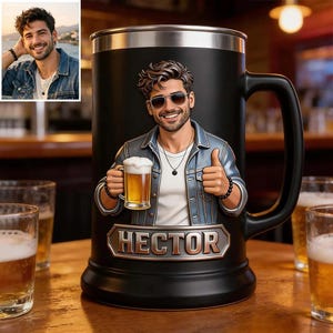 May include: A black cylindrical beer mug with a metallic rim and handle. The front features a raised 3D graphic of a smiling man with dark hair and sunglasses, wearing a denim jacket over a white shirt, holding a beer and giving a thumbs up.