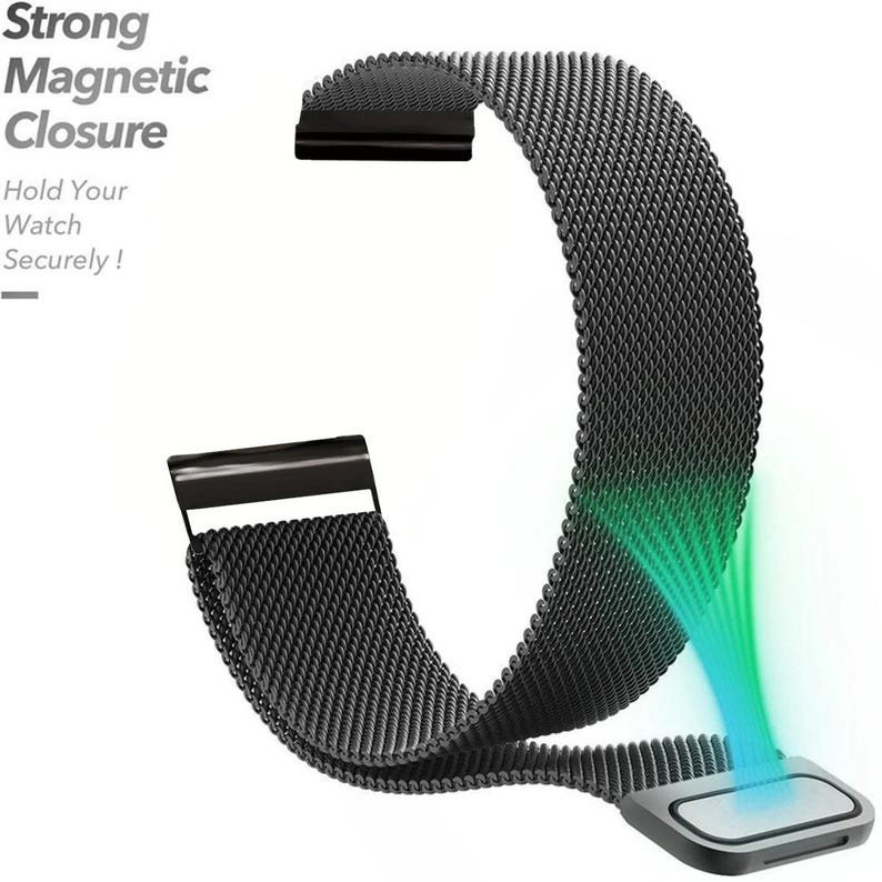 May include: A black mesh watch band with a strong magnetic closure. The band is made of a fine, woven material and features a rectangular magnetic clasp. Text on the image reads "Strong Magnetic Closure" and "Hold Your Watch Securely!"