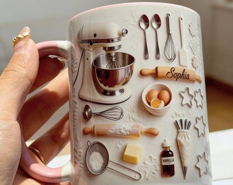 Personalized Love Baking Flat 2D Accent Mug, Bakery Accessories Ceramic Cup, Baking Lover Two Tone Coffee Mug, Gift for Baker ipatubak00046