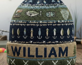 Personalized Fishing Knitted Beanie Hat, Fish Pattern Ugly Beanie Hat for Flyfishing Lovers, Gift for Fisherman, Gift for Dad ipatufsh00102