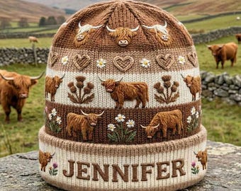 Highland Cow gepersonaliseerde gebreide muts, babymutsje koe minnaar, rustieke boerderij cadeau voor boeren, cadeau voor haar