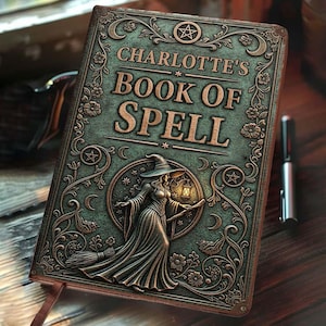 May include: An ornate book cover, embossed with the title "Charlotte's Book of Spell." The cover is green with bronze lettering and a witch illustration. Floral and celestial designs surround the title and image, with a ribbon bookmark.