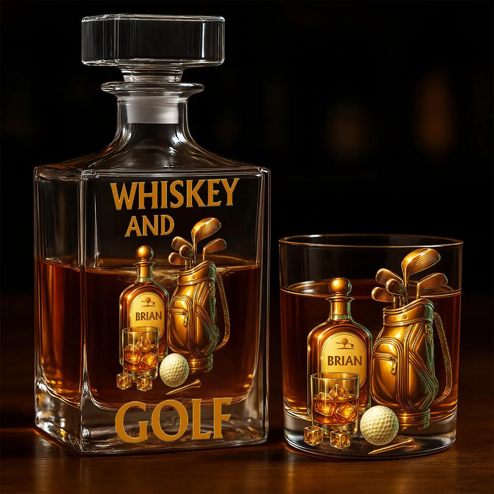 Whiskey and Golf Personalized Whiskey Glass, Playing Golf Drinking Wine Glass for Whiskey Lover, Decanter Set Gift for Golfer ipatugof00044