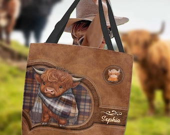 Vinter Highland Cow personlig tygväska i PU-läder, söt baby Highland Cow-tygväska, axelväska i canvas för koälskare ipatuhlc00156