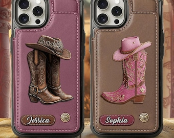 Cowgirl Boots Personalized Leather Wallet Phone Case with Card Slots, Western Style Phone Stand, Rodeo Cowboy Phone Cover Gift ipatucwg00145