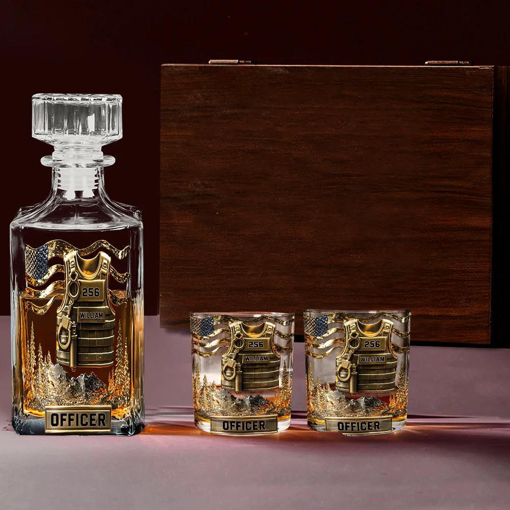 Police Officer Personalized 2D Whiskey Glass, America Flag Police Wine Glass for Whiskey Lover, Military Whiskey Decanter Set ipatuplc00022