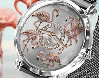 Personalized Flamingo Women Hand Watch, Tropical Bird Lover Metal Strap Wrist Watch, Adjustable Pink Flamingoes Hand Watch ipatuflm00049